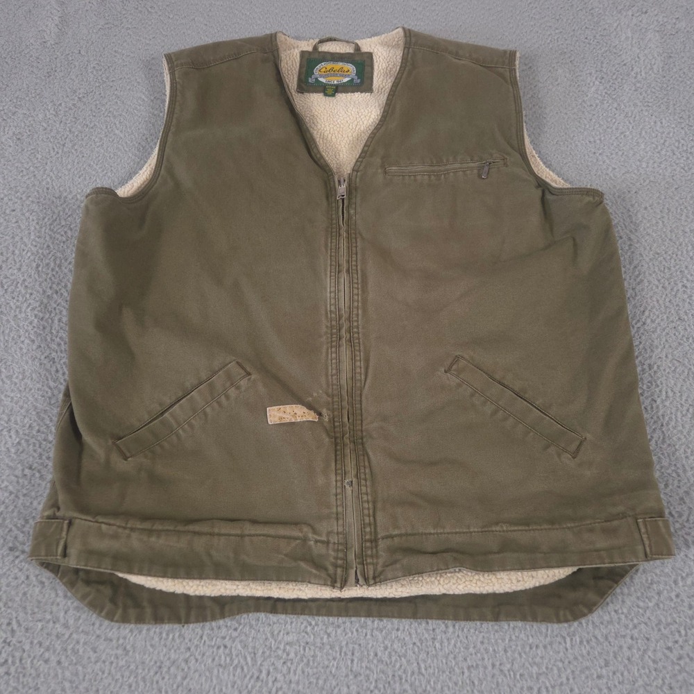 Cabelas Vest‎ Mens XL Tall Green Canvas Sherpa Lined Full Zip Outdoor Workwear